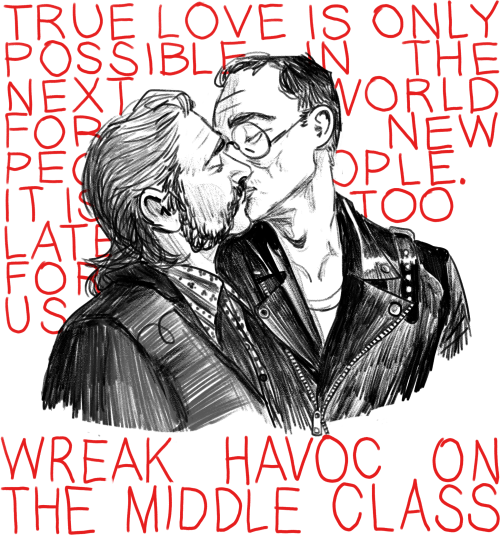 digital art in a sketchy style, a drawing of Harry Du Bois (in disco wear) and Kim Kitsuragi (in a leather jacket) kissing :)