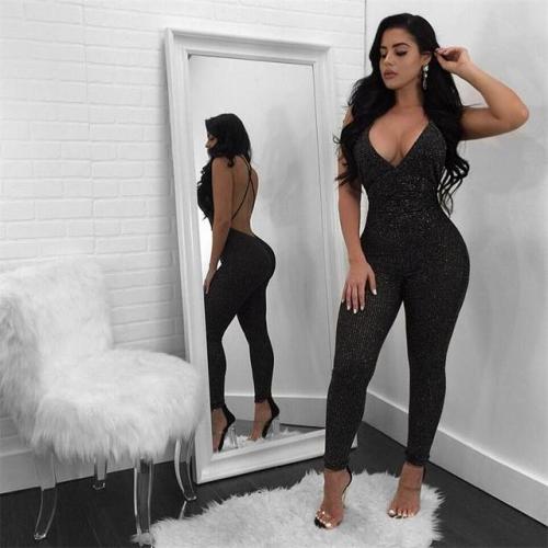 Black Low-cut Halter Sexy Bodycon Jumpsuit