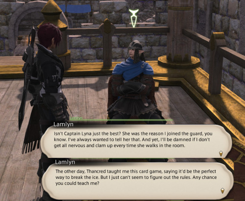 Hahaha, awe buddy. Triple Triad as a excuse to talk to your cool captain. Geez Thancred.