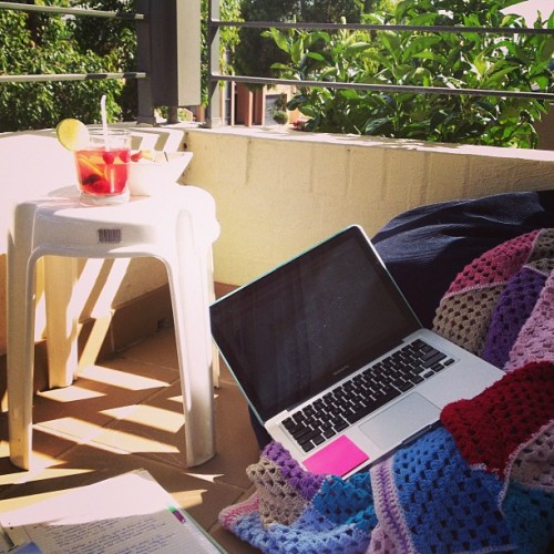 #studying on my #balcony so #chill #solazy #beanbag #lazymonday #ugh #homemadeicedtea #hsclife #bored #cravingfilofood #idek #hashtagscauseican #bestcrotchet #blanket #macbook #yolololo #schoolisgay #okstop