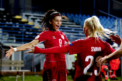 Denmark National Team celebrates after scoring 3 goals during UEFA Women&rsquo;s EURO 2022 quali