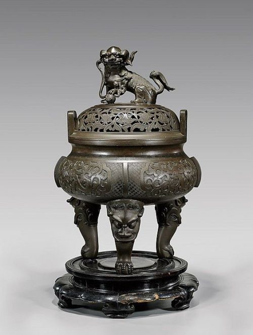 virtual-artifacts: Massive and antique, Chinese archaistic bronze tripod censer; of compressed bulbo