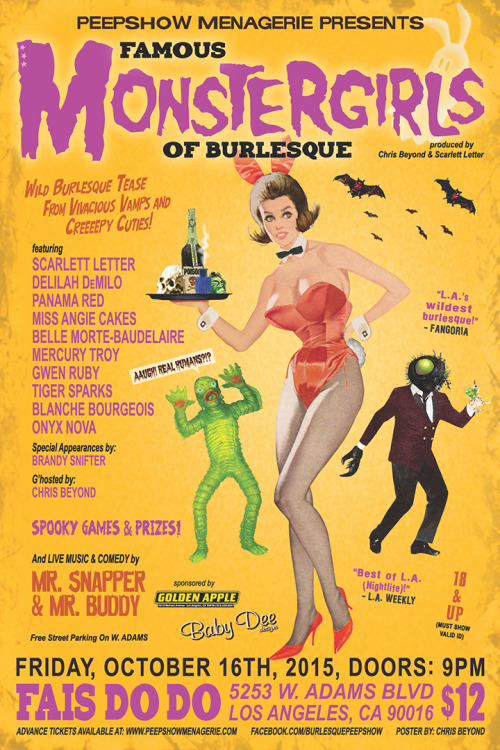 Select posters from Peepshow Menagerie’s 2015 edition of their “FAMOUS MONSTERGIRLS OF B