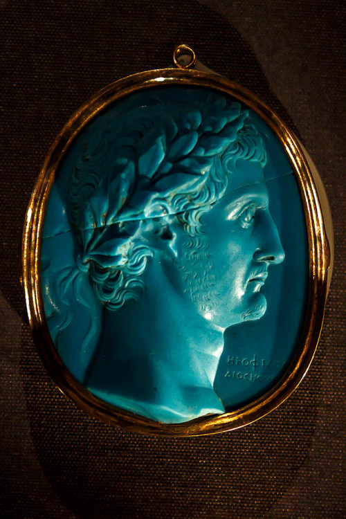 coolartefact: Turquoise glass cameo of circa 20AD, allegedly of Tiberius. Signed by Herophilos, son 