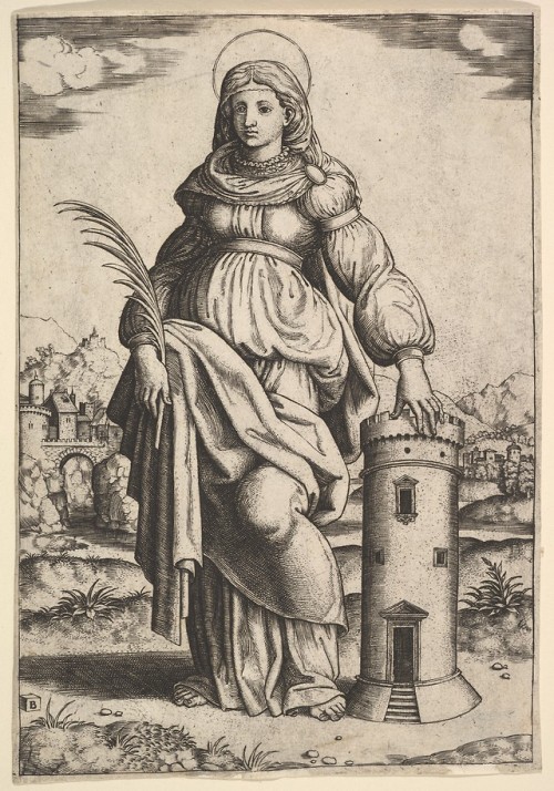 met-drawings-prints:Saint Barbara standing, palm in her right hand, resting her left hand on a tower