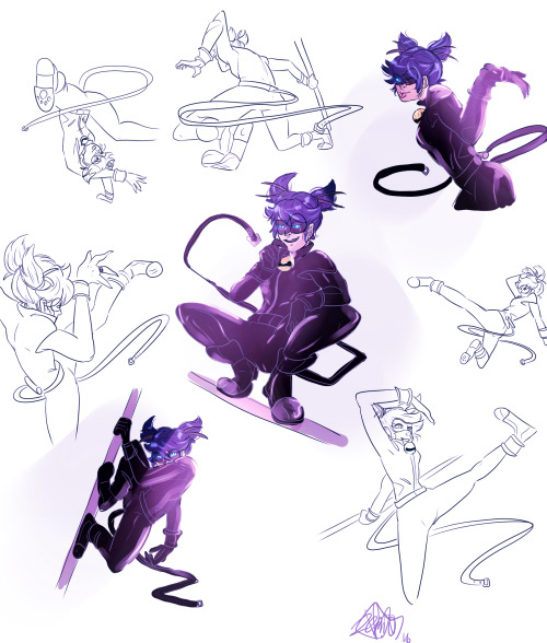 I loved @japhers take on Kwami swap Marinette  with her hair being her ‘ears, and I have been meaning to draw Kwami swap for some time so heres some action poses of Chat Noir Marinette :3I always thought that Kwami Swap Marinette would be so cool