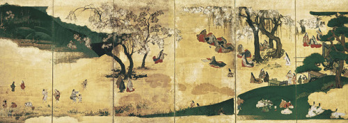 Japanese screen depicting outdoor activities among cherry blossoms and maple trees, 1600s.  Awa