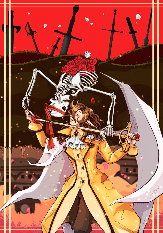 Master Big Star from Disgaea 3. He holds his sword to his own throat, drawing it out from a rose that has bloomed on his right wrist. Above him, appearing embedded in earth, is a skeleton wearing the bandana of a generic Warrior. One of its hands reaches for Big Star's rose-adorned hand, while the other grabs the blade of his sword as if guiding it to cut Big Star's throat. The lower half of the skeleton is absent, instead below its ribs blooms into a bouquet of red roses. One white rose sticks out at the very top of the bouquet, breaking the earth the skeleton lays in to stand in contrast to a bright red sky, surrounded by darkened blades sunk into the soil. Below Big Star the earth breaks away to reveal the Japanese fort-style Sophomore building, backed by an orange sky and framed by cherryblossom trees. White rose petals drift around the weapons at the top of the image, while pink cherryblossom petals drift around the Sophomore building at the bottom.