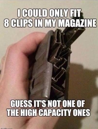 coffeeandspentbrass:  goosedawg:  texasgunguy:  Damnit I hate these low capacity clip magazines.  That’s one of those new New York low capacity 8 clips magazine.  Pretty sure you can only have 7 clips in your magazine in New York.