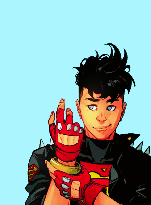 All four images show Conner Kent as leather jacket Superboy. This image has a light blue background.