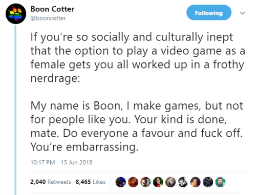 ellenripleys: boon cotter (lighting artist for naughty dog), shutting down homophobes and misogynist