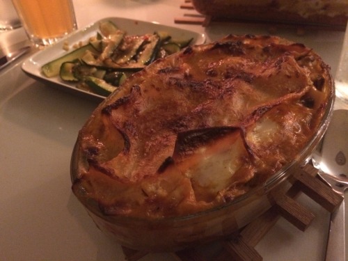 Vegetarian lasagne and garlic courgettes (Homemade but not by me)