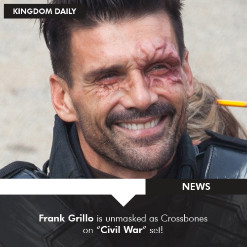 kingdomdaily:  Frank Grillo waves to the photographers while walking around set between takes of Captain America: Civil War on Monday morning (May 18) in Atlanta, Ga.The 49-year-old actor took off his mask and showed off some special effects scarring