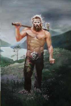 thejeepercreeper:  Thor is traveling to the land of giants. By Daniel D. Oil on board.