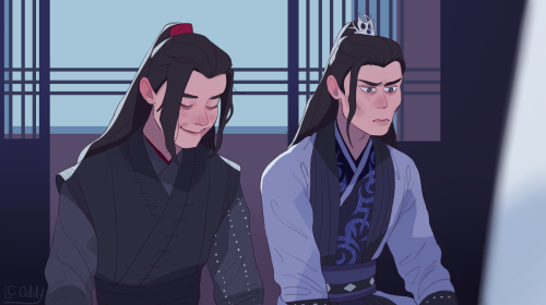 ramblingandpie:lupinchopang27: [I.D.: fanart of a screencap from The Untamed. Wei Wuxian and Jiang 