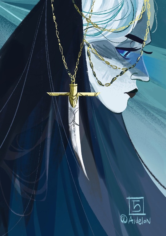 An illustration in shades of blue and grey, depicting the Dune character Alia in profile, wearing a knife as a piece of jewelry.