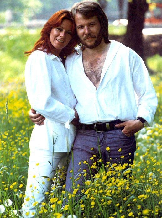 Anni-Frid Lyngstad and Benny Andersson on the set of ABBA: The Movie (1977).