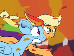 yakoshi-draws-ponies:Running of the Leaves 2: The Runback. Wanted to draw Dash again (whaaaa?), and what better scenario than a good, clean, fair race? Better keep those wings tucked, missy.owo