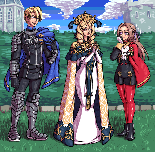 Dimitri, Emmeryn and Edelgard from Fire Emblem Random AU where Emmeryn is the Archbishop at Garreg M