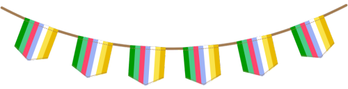 [image description: six different cartoon-style bunting graphics, featuring six pride flags hanging 