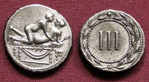 Today’s piece of erotic art history is a spintrae coin (”spintria” when plura