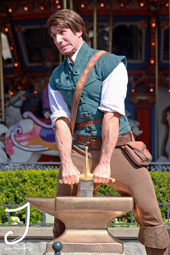 adventuresatdisneyland:Flynn decided to take a gander at the Sword in the Stone. Sadly, he was not a