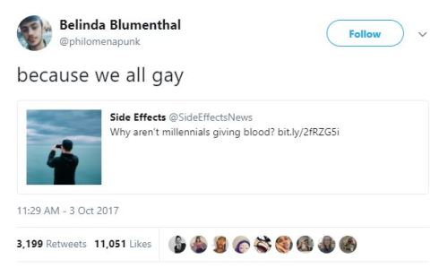 optimysticals: the-fury-of-a-time-lord:  luidilovins:  the-modern-satyr:  seedydemigod:  captainfunkpunkandroll:  the-real-eye-to-see: Didn’t even know people are not allowed to give blood if they are gay   That’s been the thing for years. The HIV