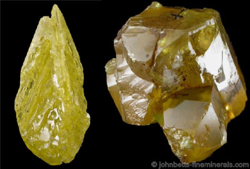 1. Parallel translucent sulphur crystals, with small remnants ofbitumen.2. Several transparent sulph