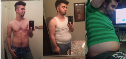 gainology:  blogartus:   Beginning, 6 months, 11 months after being fed nonstop.  Blogartus:  After startin with only junior love handles, you have put on a fine flabby pot. Bravo!   There’s a bit of a story about this photo set that’s been going