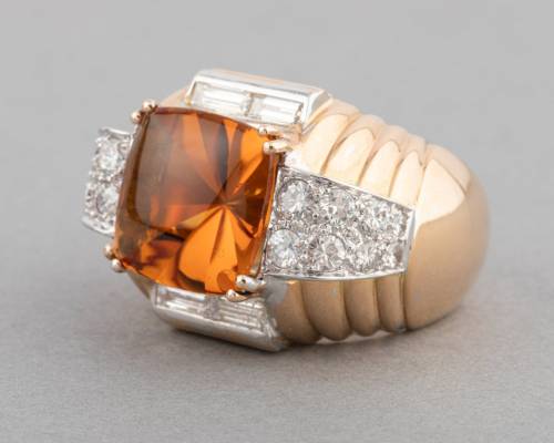 Retro 18k Gold and Platinum Citrine and Diamond Ring