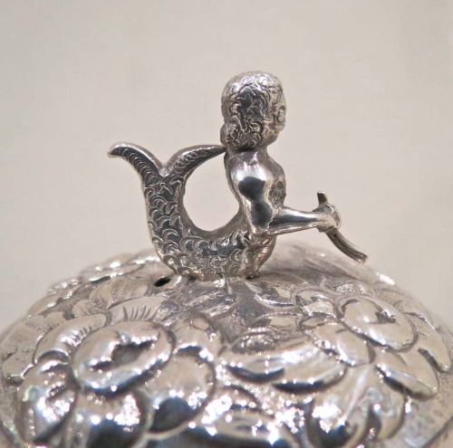 bebemoon:antique mid-18th century (1750) sterling silver dutch teapot, finely chased with maritime d