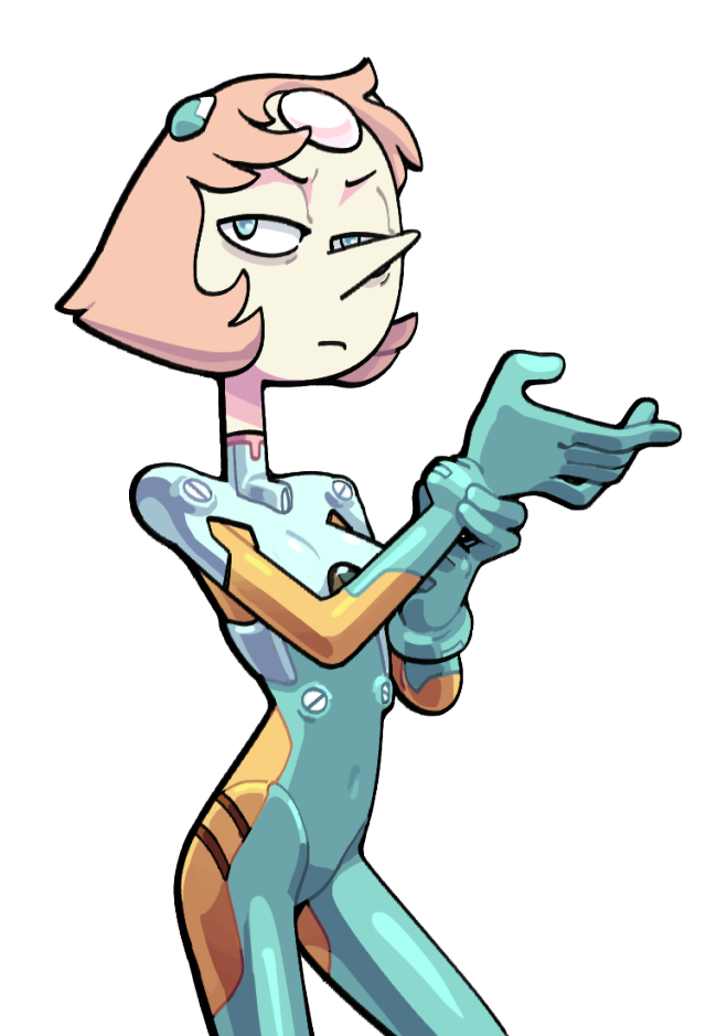 Pearl fastens the glove of an Evangelion style Plug Suit, glaring at the viewer.