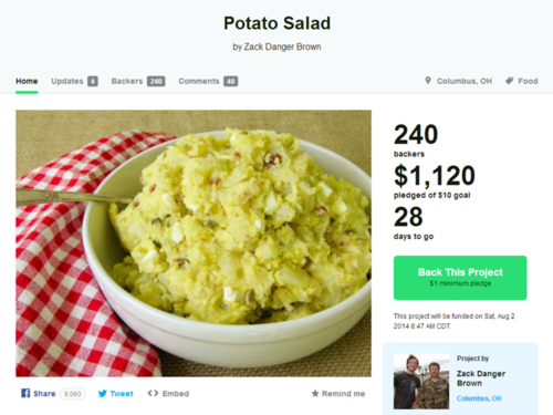 sherlockismyholmesboy:  thehomestuckinyourcloset:  kiddthemaniac:  A guy asked Kickstarter for ten dollars so he could try making some potato salad without having to worry about wasting any money on ingredients for a failed recipe. He’s now raised over