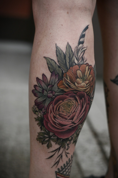 Ranunculus, bay leaf, succulent, clover, string of pearls, falcon feather. On Vanessa by Alice Kenda