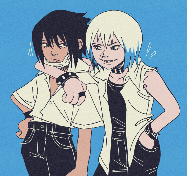 naruto fanart. suigestu throws an arm around sasuke's shoulders, the two of them in school uniforms.