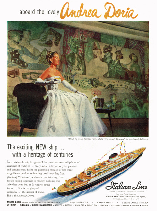 imperialgoogie:dtxmcclain:Andrea Doria, Italian Line, 1953Scanned from Time magazine, May 18, 1953 i