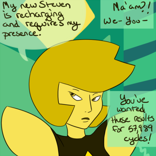 kibbles-bits:  gauntystudios:  This is what happens when shower thoughts about internet memes and @kibbles-bits comic New Home mix.  Go give it a read!!! I love their Yellow Diamond, their Peridot, their Steven, the plot is interesting, and the art is