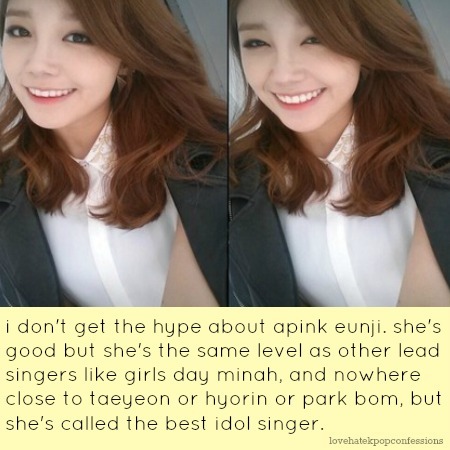 lovehatekpopconfessions:  i don’t get the hype about apink eunji. she’s good but she’s the same leve