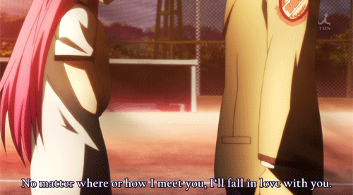 random-setup:  “No matter where or how I meet you, I’ll fall in love with you. If I can meet you again, against the 6 billion to one odds, and even if your body can’t move, I’ll marry you.” -Hinata Hideki (Angel Beats)