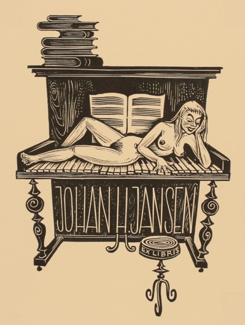 books0977:Johan H. A. Jansen bookplate. Artist: Gerard Gaudaen.A woman plays the piano while lying a
