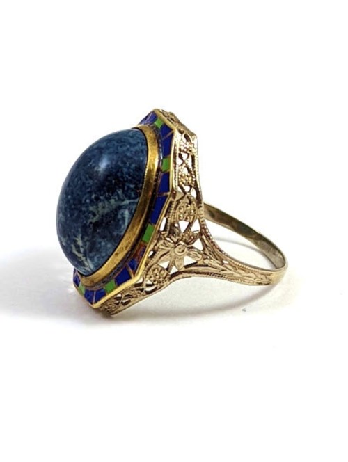 Art Deco 14k Gold Sodalite and Enamel Ring