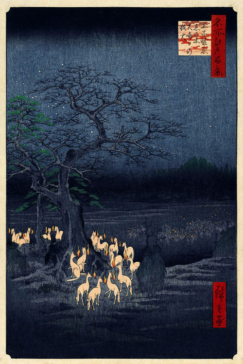 likeafieldmouse:  Hiroshige - New Year’s Eve Foxfires at the Changing Tree, Ōji (1857)  