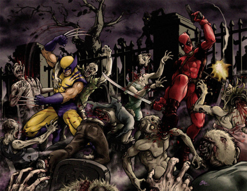 Wolverine and Deadpool teaming up to kick some zombie butts…..!!!!!!