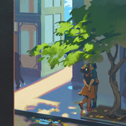 A rough painting of a street corner in a city, and a pair of of characters kissing under a tree with dappled light sprinkled on them. A light-scattering effect creates a red rim around the shadows on the pavement. There are puddles on the pavement and the road, and a light rain is visible where sunlight shines between the buildings, but the sky is bright.