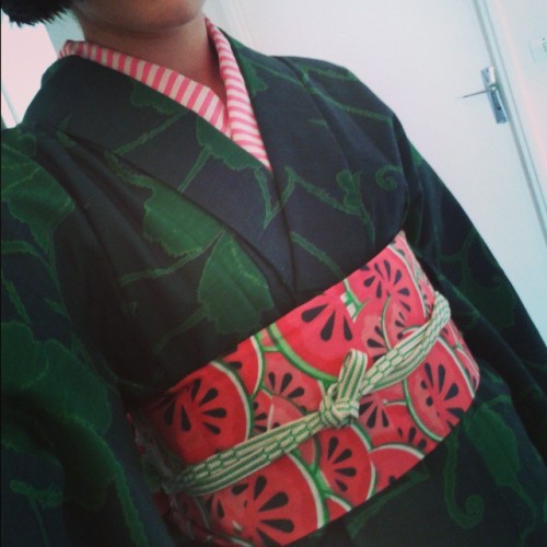 dentelle-rubans:#handmade watermelon hanhaba obi and striped eri, kai no kuchi style obijime#kimono 