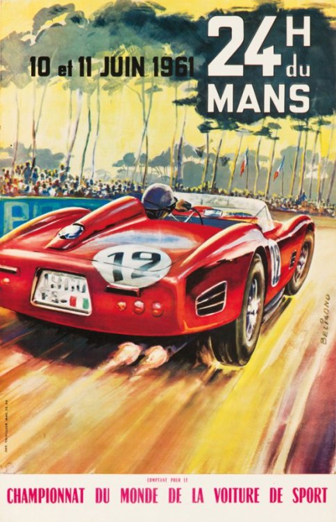 Michel Beligond, illustration for 24h Hours of Le Mans poster, 1961. Shown is the winning Ferrari fr