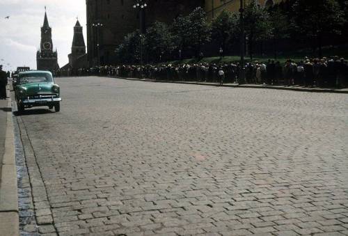 People waiting in line to get to Red Square for one of the Communist holidays