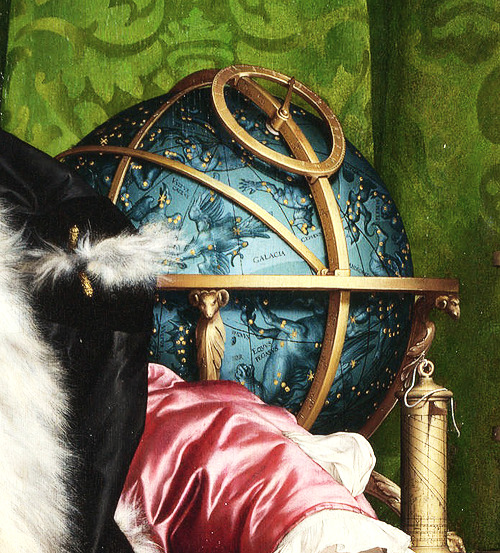 “The Ambassadors” by Hans Holbein the Younger (1533), along with details of the celestia