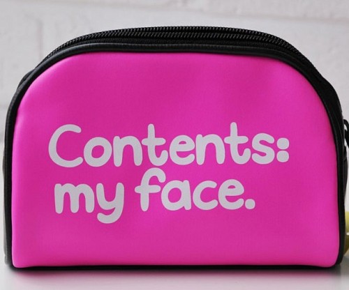 awesomeshityoucanbuy:  My Face Cosmetic BagMakeup is awesome, so why not embrace it by storing all your accessories inside the “contents: my face” cosmetic bag? The bag comes in a fun pink hue along with the comical message that tells the whole world