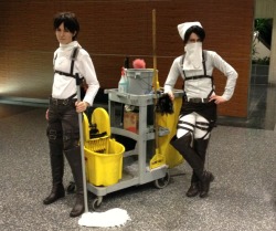 dersedreamer:  We’ve never gotten a stranger look in cosplay than when we walked up to this poor convention staff’s cleaning cart and started taking pictures with it I’m pretty sure he was thinking janitors don’t usually wear cravats and bondage